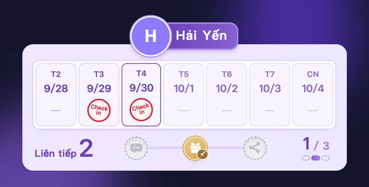 Widget điểm danh: lịch tuần có dấu Check in, chuỗi ngày liên tiếp